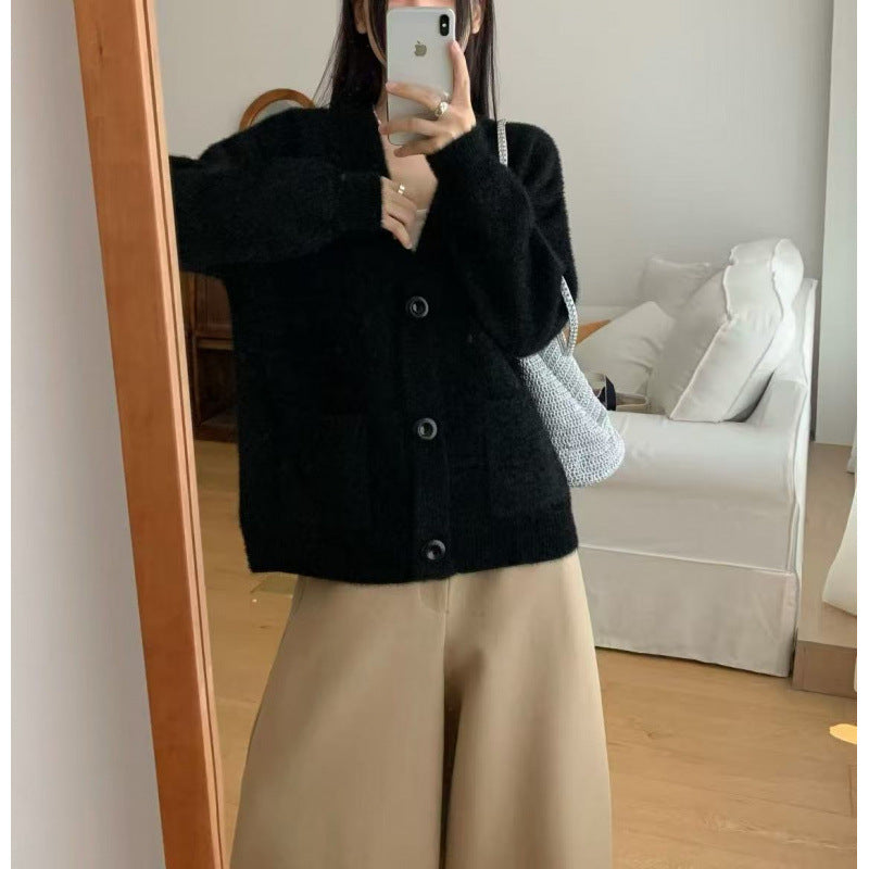 Damen Flauschiger Knopf-Cardigan mit eleganten Taschen Drune
