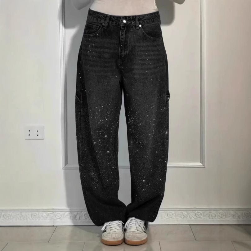 Damen High-Waist Jeans im weiten Cargo-Schnitt mit funkelndem Strassbesatz Drune