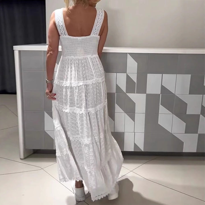 Damen nan ärmelloses Boho-Spitzen-Lagenmaxikleid mit V-Ausschnitt und Empire-Taille Drune