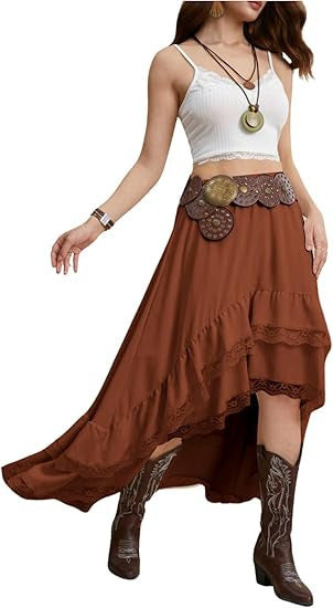 Damen Boho Maxi-Rock mit asymmetrischem Saum und Spitzenverzierungen Drune