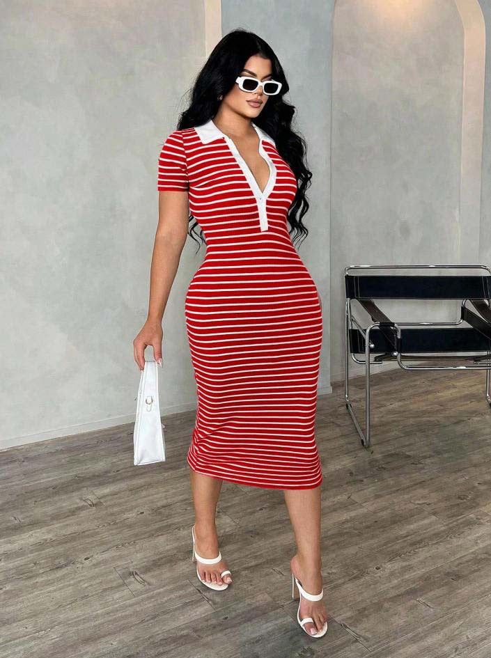 Damen Figurbetontes Polokleid im Streifen‑Look aus Rippstrick mit kurzem Ärmel Drune