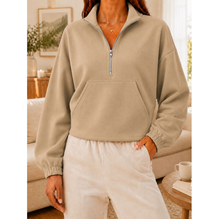 Damen Kurz geschnittener Sweatshirt-Pullover mit halbem Reißverschluss und Kängurutasche Drune