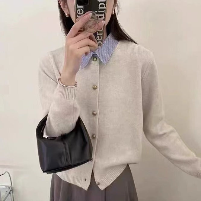 Damen Strickjacke mit kontrastierendem Kragen und eleganten Knopfdetails Drune