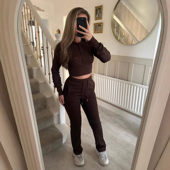 Damen lässiges Freizeit-Set mit cropped Sweatshirt und bequemen Jogginghose Drune
