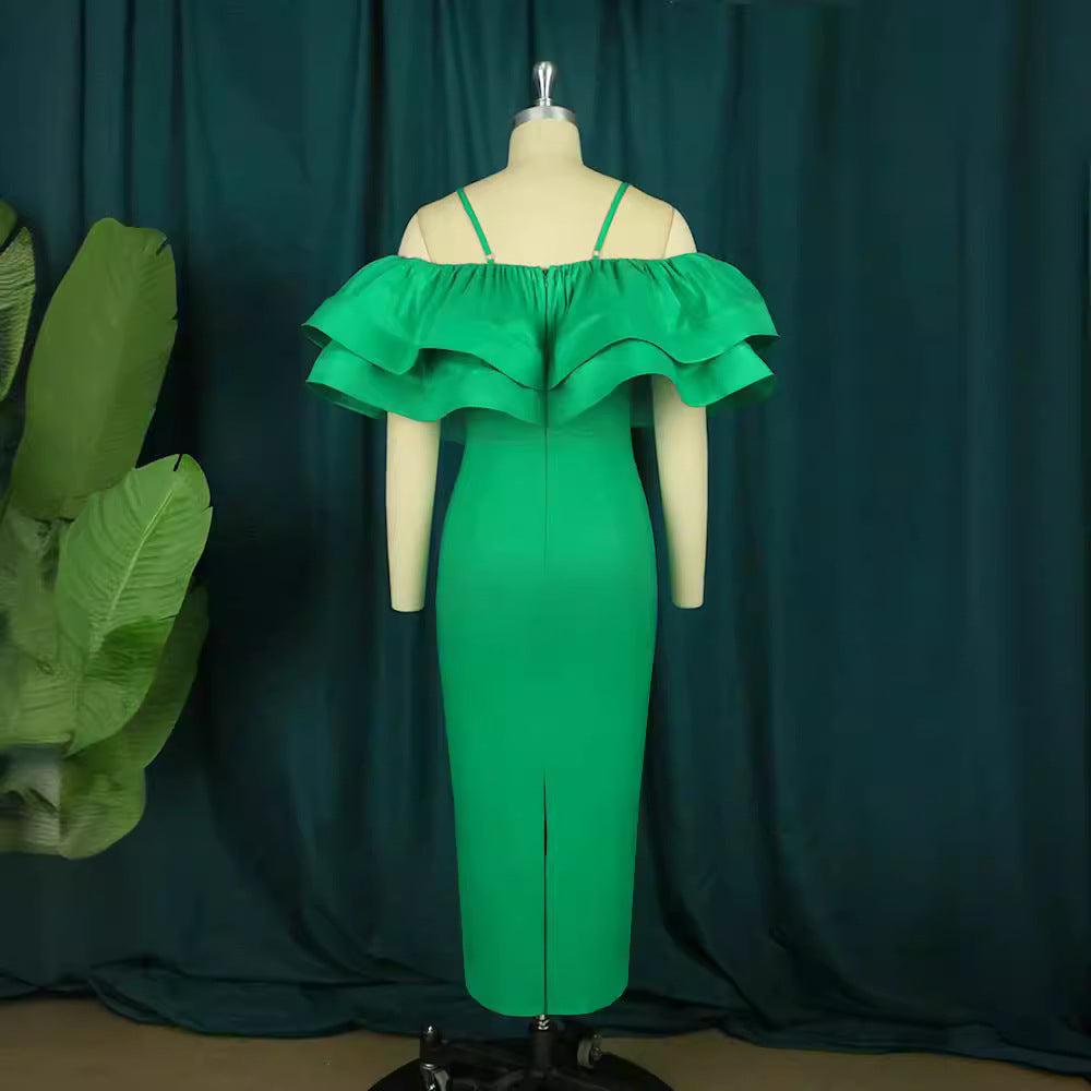 Damen Figurbetontes Satin-Kleid mit voluminösen Rüschen Drune
