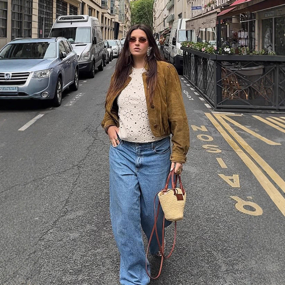 Damen Kurze Velourslederjacke mit Faltenlegung, Puffärmeln & Knopfleiste Drune