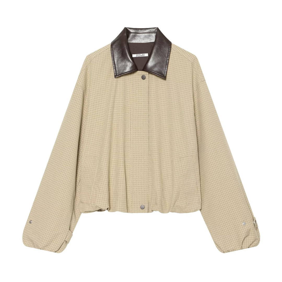 Damen Kurzgeschnittener Karierter Blouson mit kontrastierendem Lederkragen Drune