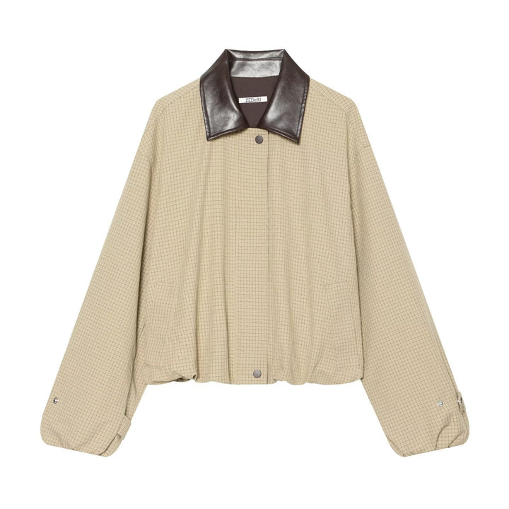 Damen Kurzgeschnittener Karierter Blouson mit kontrastierendem Lederkragen Drune