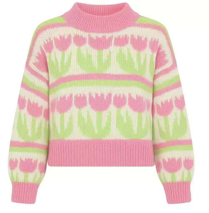 Damen nan Grobstrickpullover mit eingestrickten Herzmotiven, hohem Stehkragen und lässiger Oversize-Silhouette Drune
