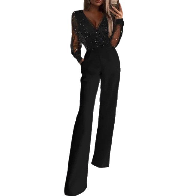 Damen Elegante Jumpsuit mit transparenter Bluse und schimmernden Akzenten Drune
