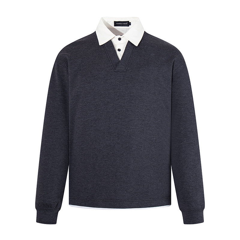 Herren Legeres Sweatshirt mit angenähtem Hemdkragen, V‑Detail und Rippbündchen Drune
