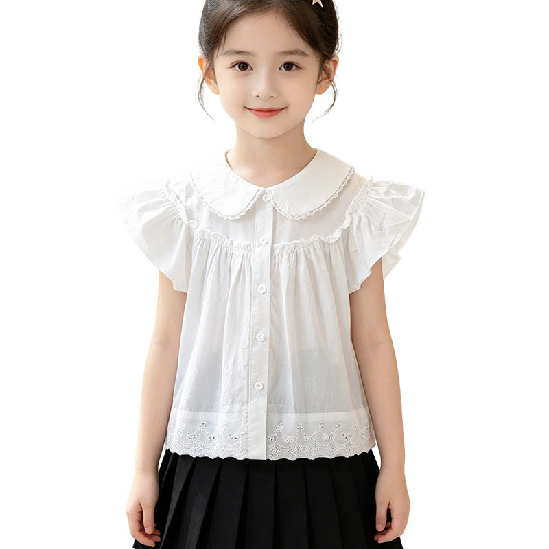 Mädchen elegante Bluse mit Spitzenkragen und Rüschendetails Drune