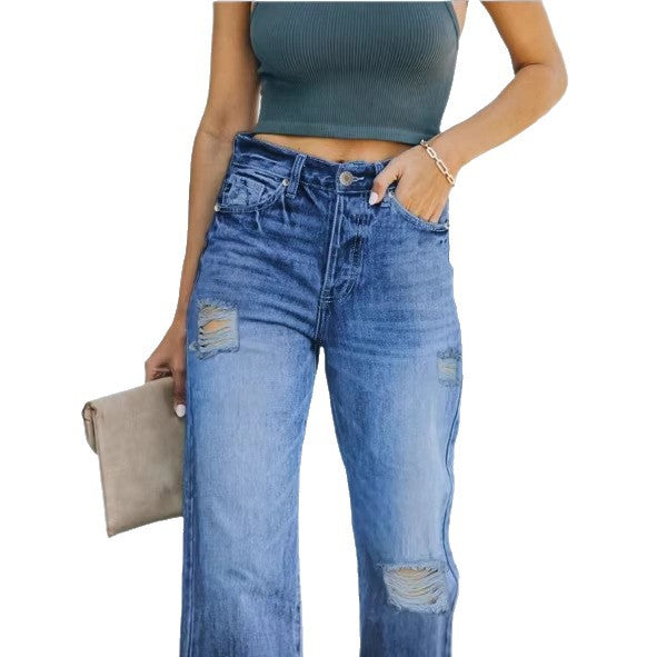 Damen hochtaillierte Relaxed‑Straight Denim‑Jeans mit weitem Bein und dezenten Destroy‑Details Drune
