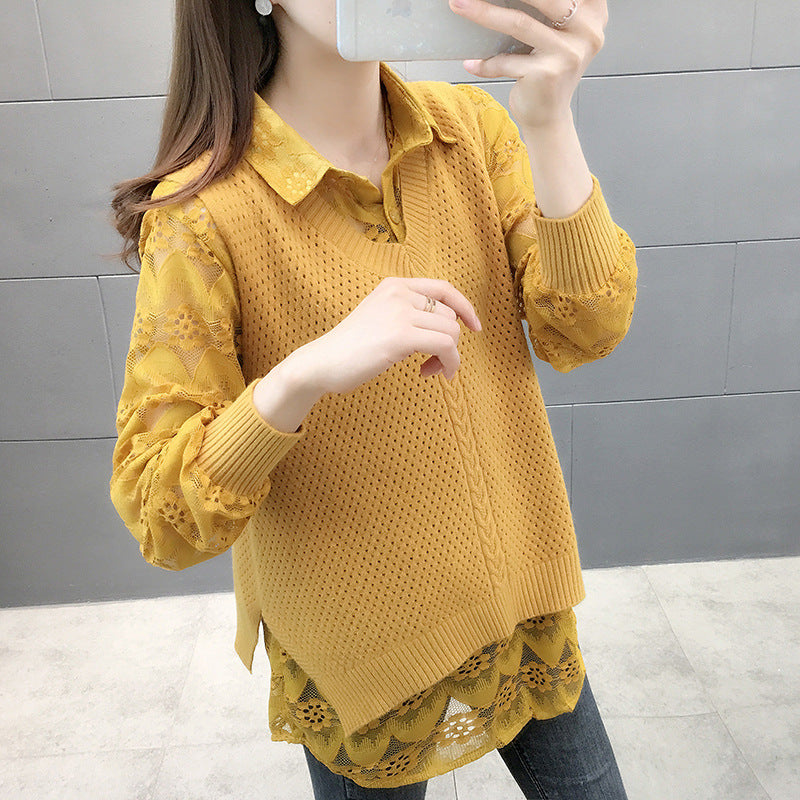 Damen Verspielter Strickpullover mit Spitzenapplikation Drune