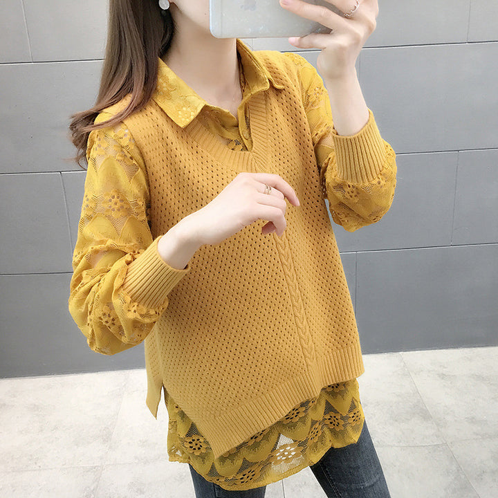 Damen Verspielter Strickpullover mit Spitzenapplikation Drune