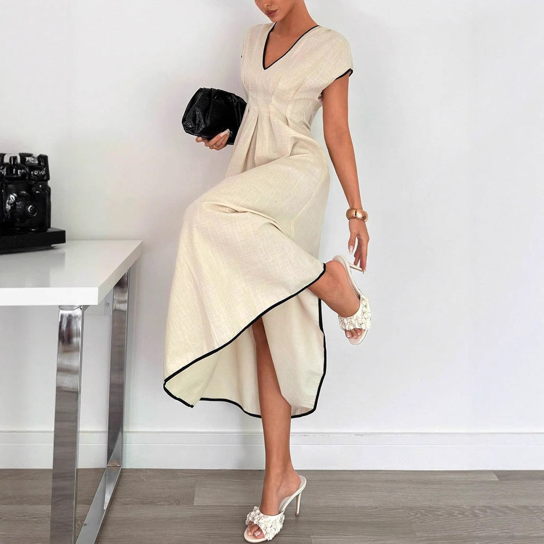 Damen Fließendes Maxikleid mit V-Ausschnitt und schwingendem Rock Drune