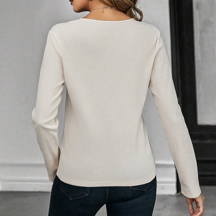 Damen geripptes Langarmshirt mit V‑Ausschnitt und dekorativem Schlüsselcutout Drune