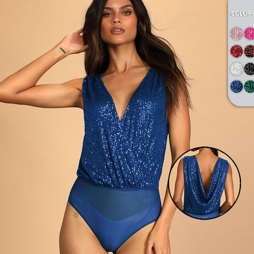 Damen Pailletten Bodysuit mit tiefem V-Ausschnitt Drune