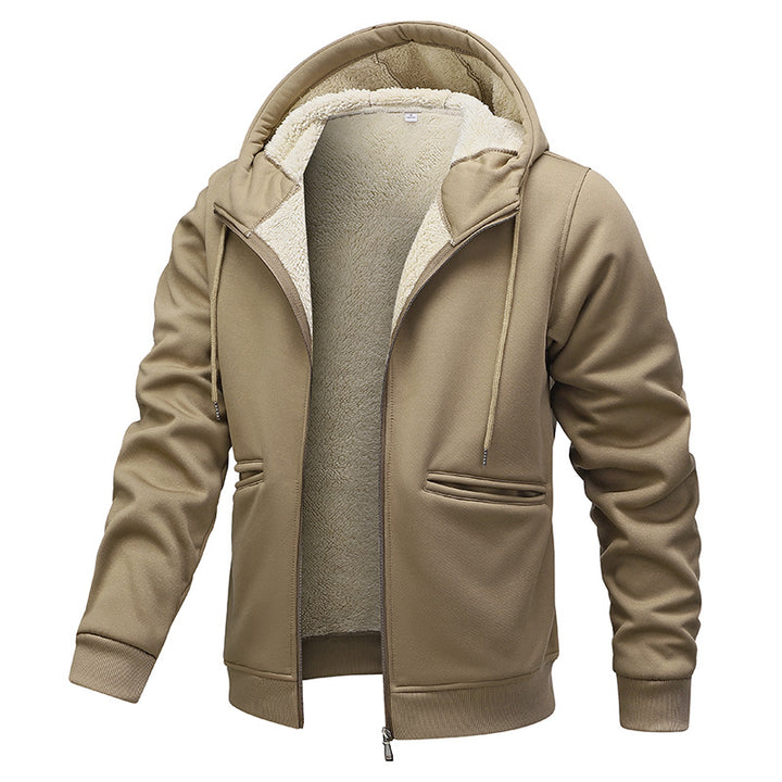 Herren gefütterte Kapuzenjacke im Blousonstil mit hochflorigem Teddyinnenfutter und Handwärmepaspeltaschen Drune