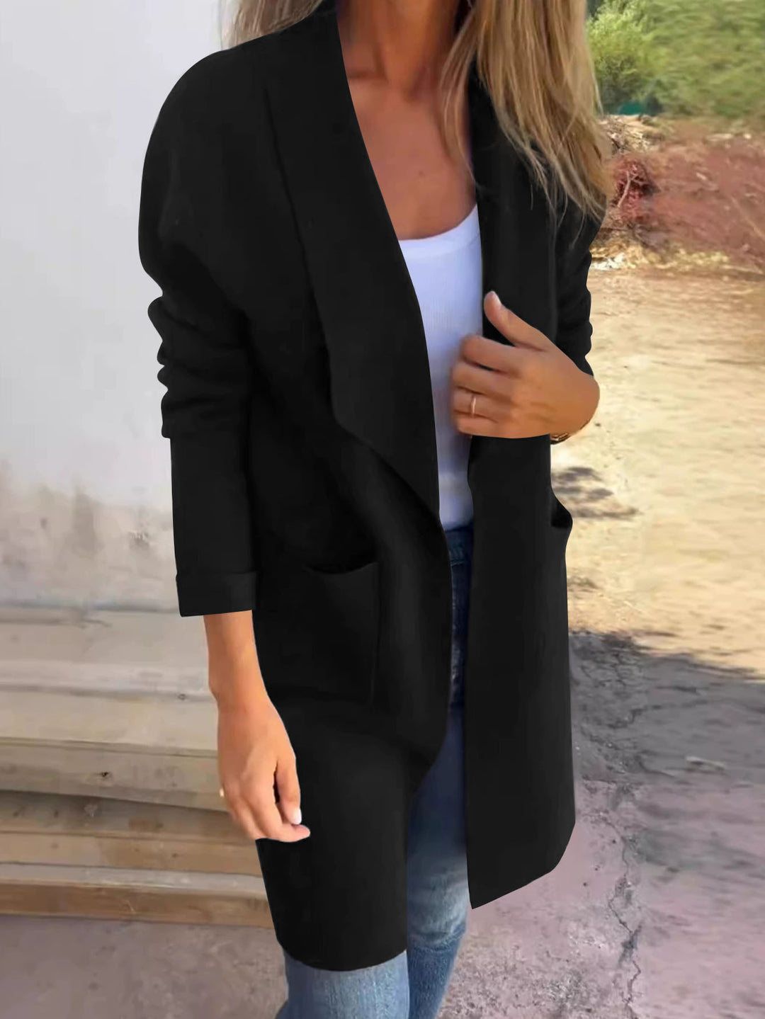 Damen Longline Blazer mit Schalkragen, offenem Schnitt und aufgesetzten Taschen Drune