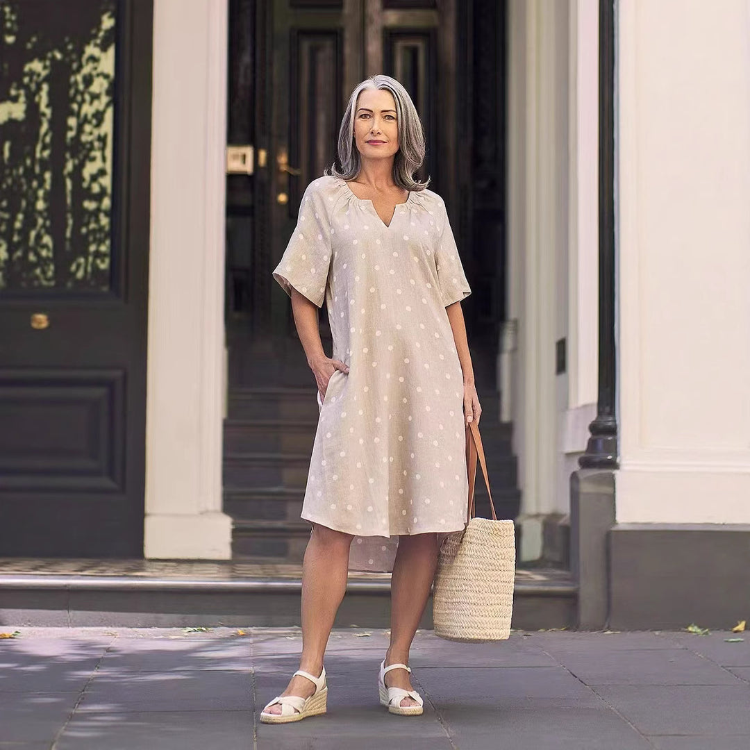 Damen nan lockeres A-Linien Leinenoptik-Kleid mit V-Ausschnitt, geraffter Schulterpartie und Eingrifftaschen Drune