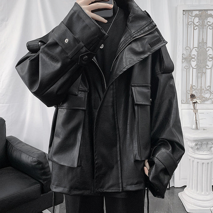 Herren Weitgeschnittene Kunstlederjacke mit Kapuze, Utility-Taschen und verstellbaren Manschetten Drune