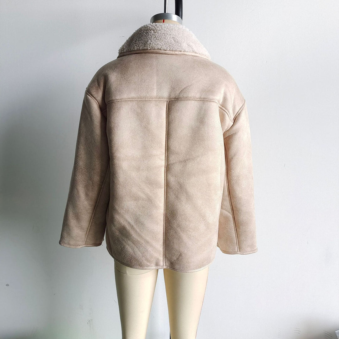 Damen Boxy Jacke in Lammfelloptik mit Teddyfutter und großem Umlegekragen Drune