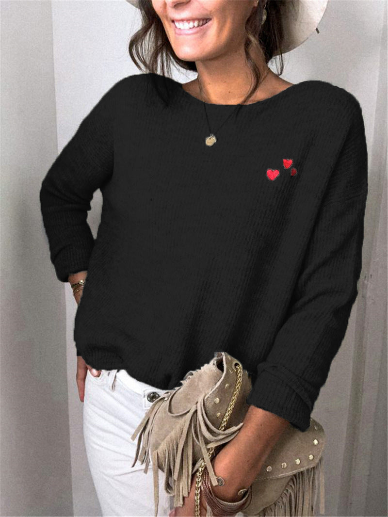 Damen Oversize Strickpullover mit Herz-Stickerei und weitem Boot-Ausschnitt Drune