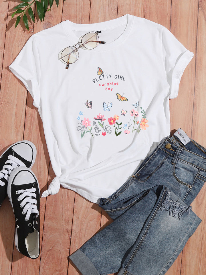 Damen T-Shirt mit verspieltem Blumendruck und elegantem Aufdruck Drune