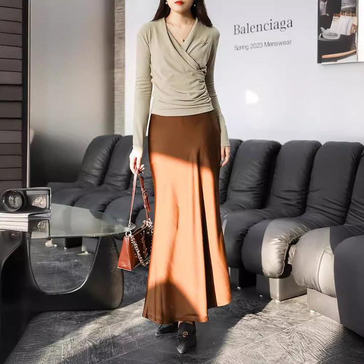 Damen nan Bias-Cut Maxirock mit hohem, nahtlosem Bund und fließender Satinoptik Drune