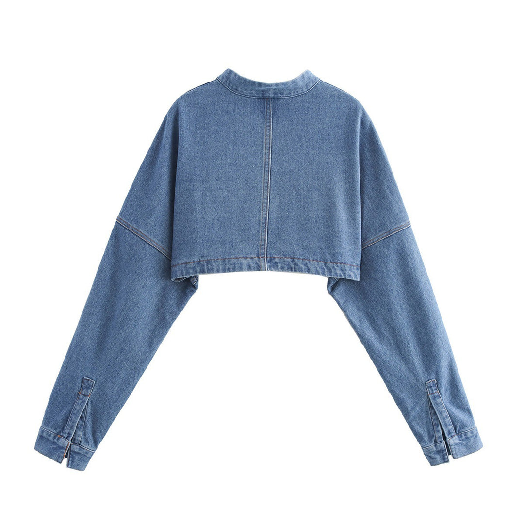Damen nan cropped Jeansbolerojacke mit Stehkragen, oversize-Ärmeln und verdeckter Frontleiste Drune