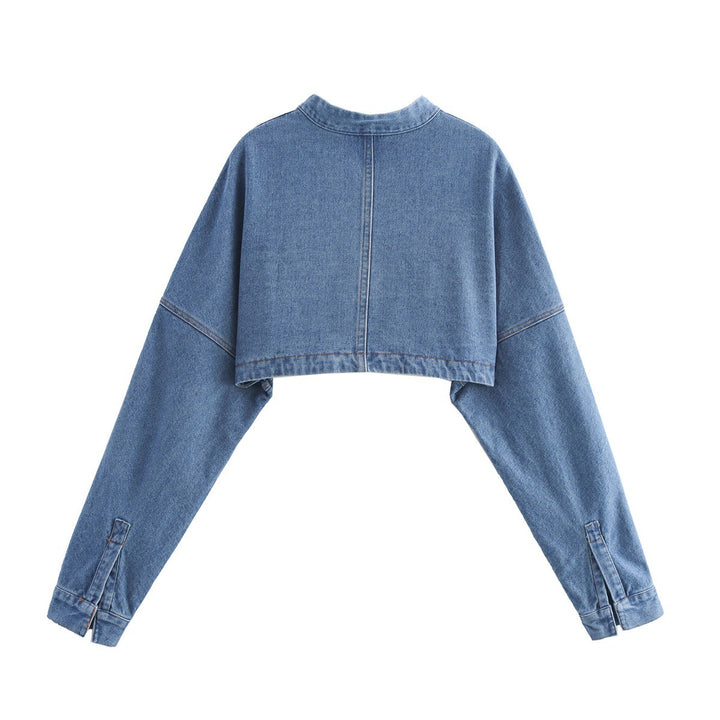 Damen nan cropped Jeansbolerojacke mit Stehkragen, oversize-Ärmeln und verdeckter Frontleiste Drune