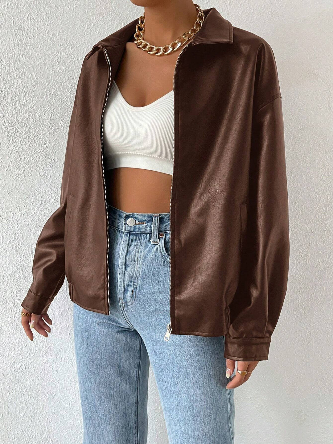 Damen trendige Kunstlederjacke im modernen Schnitt mit lässigem Reißverschluss Drune