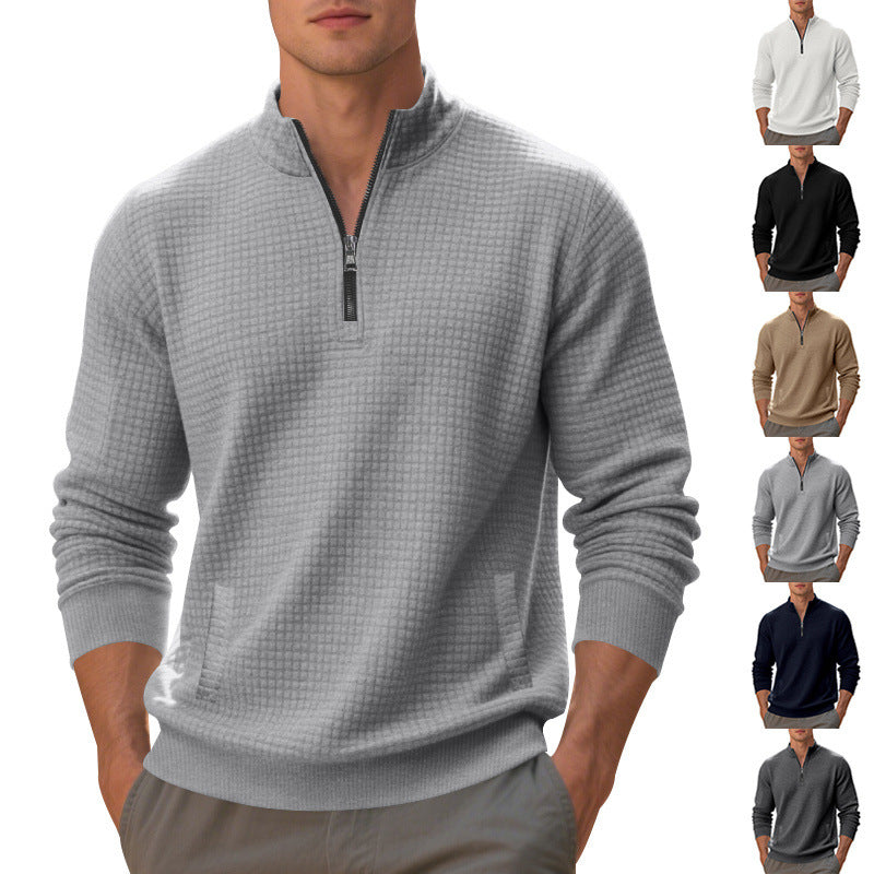 Herren Waffelstrick-Halbzip-Pullover mit Stehkragen, Kängurutasche & gerippten Abschlüssen Drune