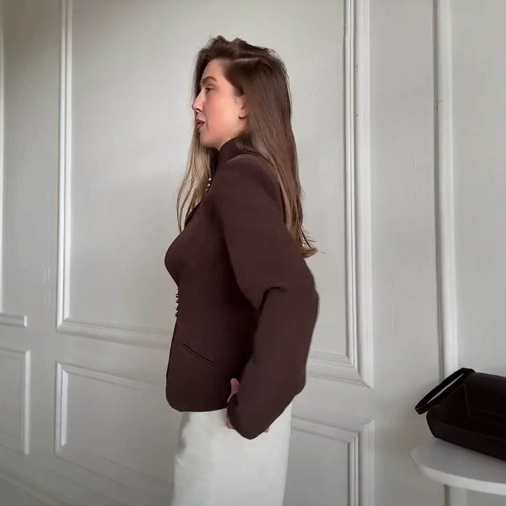 Damen Taillierter Blazer mit Stehkragen und Perlenknopf-Leiste Drune