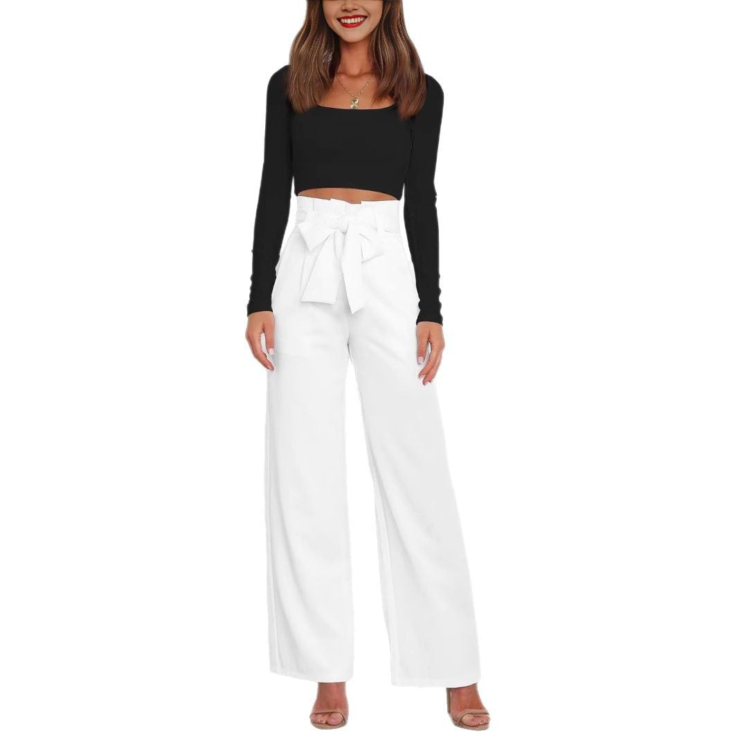 Damen Weite High-Waist Paperbag-Hose mit Bundfalten und Bindegürtel Drune