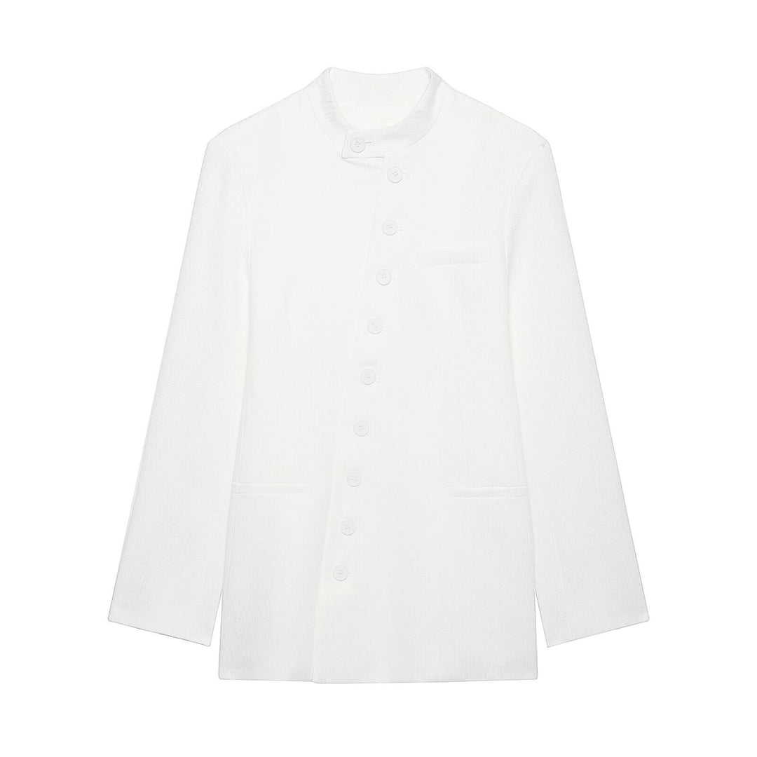 Damen Mandarin-Kragen Longblazer mit durchgehender Knopfleiste und aufgesetzten Taschen Drune