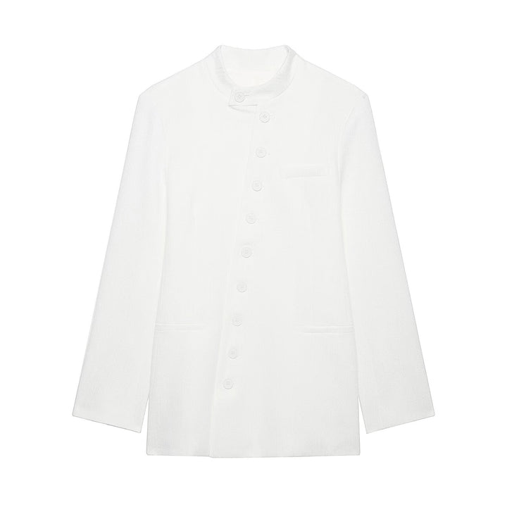 Damen Mandarin-Kragen Longblazer mit durchgehender Knopfleiste und aufgesetzten Taschen Drune