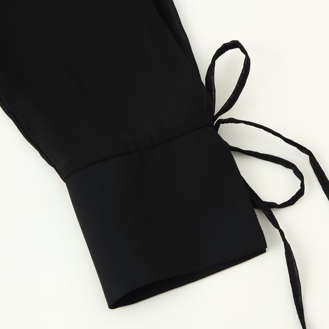 Damen Chiffon-Bluse mit Paillettenbesatz, tiefem V‑Ausschnitt und dekorativen Bindebändern Drune