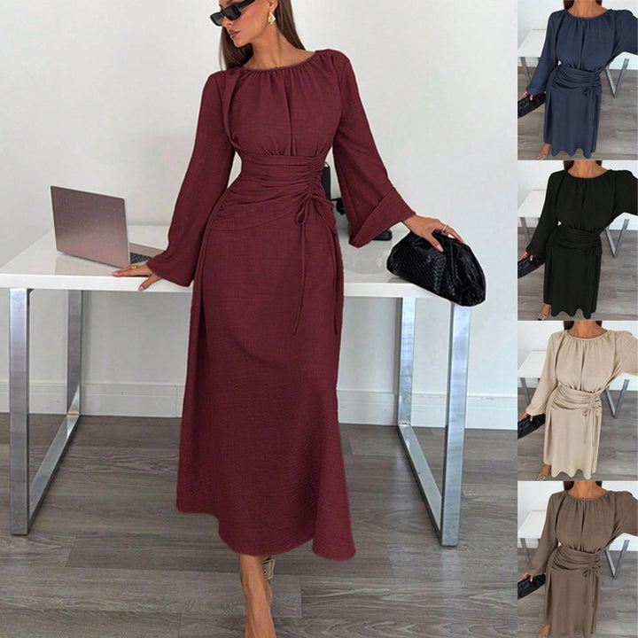 Damen Maxikleid mit geraffter Taillen-Schnürung, weiten Ärmeln und fließendem Rock Drune