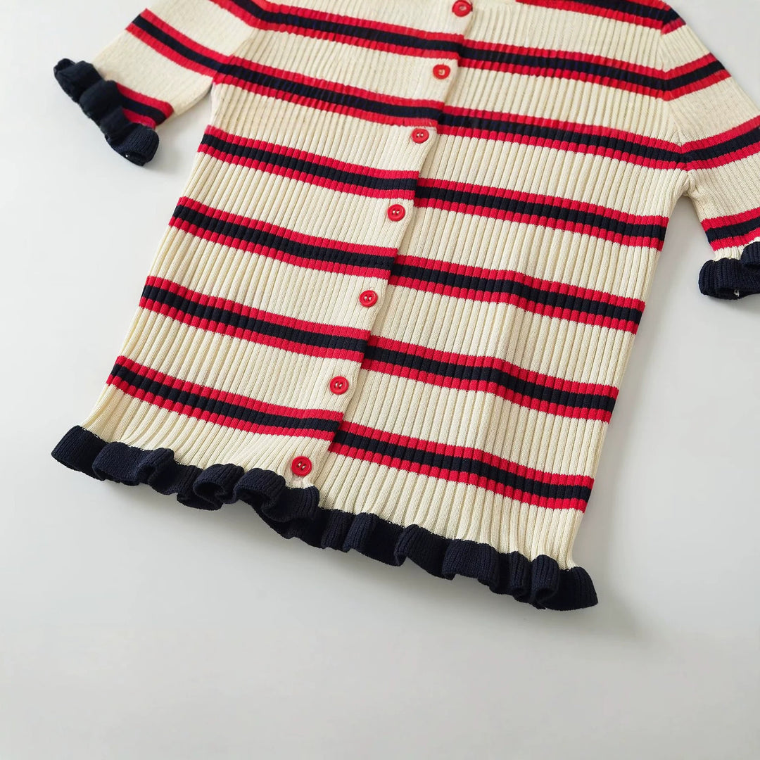 Damen Gerippte Kurzarmstrickjacke mit Polokragen, Knopfleiste und Volantabschlüssen Drune