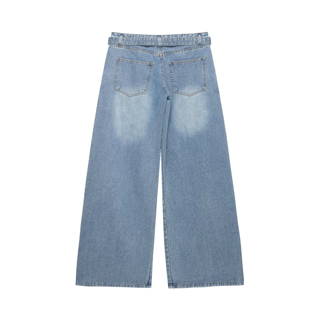 Damen Hochtaillierte weitgeschnittene Jeans mit integriertem Gürtel und seitlichen Steppnähten Drune