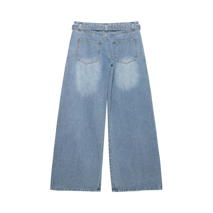 Damen Hochtaillierte weitgeschnittene Jeans mit integriertem Gürtel und seitlichen Steppnähten Drune