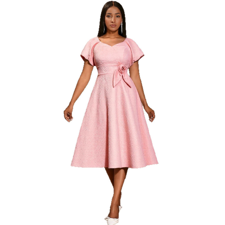 Damen elegantes Kleid mit Schößchen, Blumenapplikation und Puffärmeln Drune