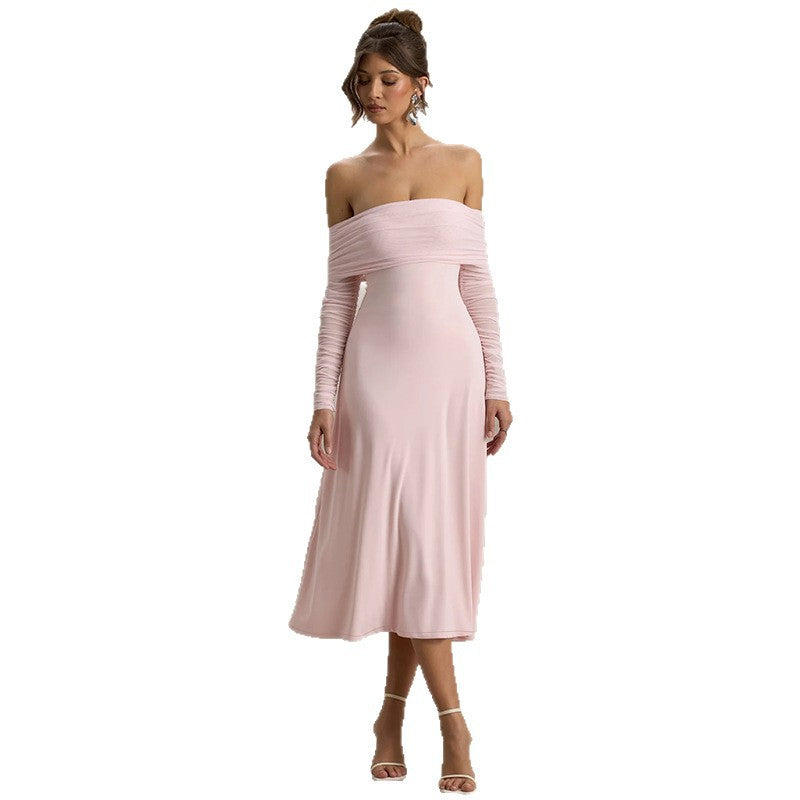 Damen elegantes schulterfreies Midikleid mit Rüschendetails und transparenten Ärmeln Drune