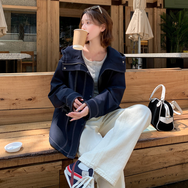 Damen Oversize-Übergangsjacke mit weitem Matrosenkragen und Kontrastnähten Drune