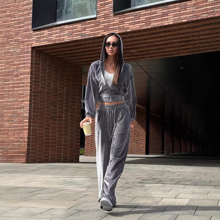 Damen weiches Velours-Lounge-Set mit kurzer Reißverschluss-Kapuzenjacke und weiter High-Waist-Hose Drune