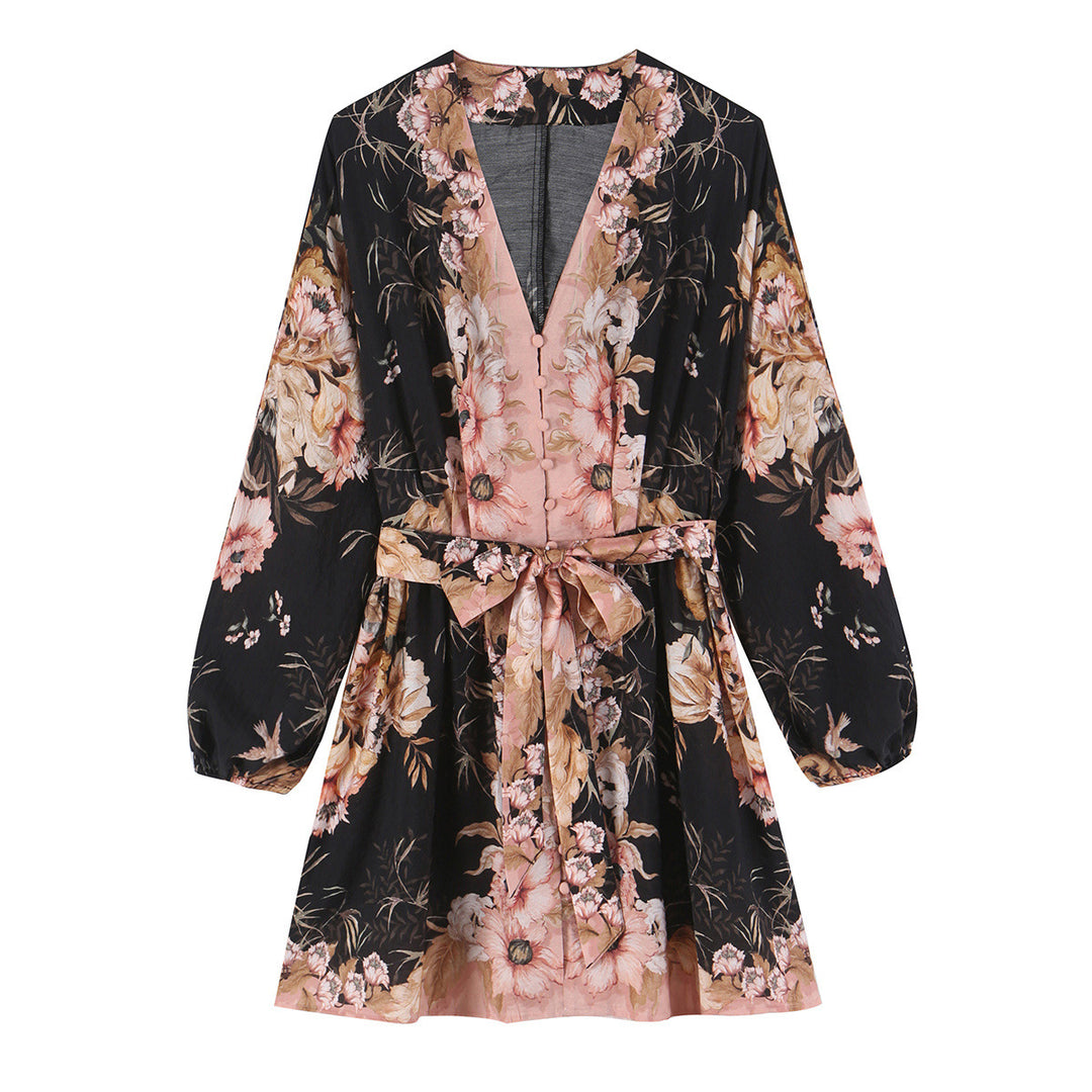 Damen Kurzkleid im Kimono-Stil mit Taillengürtel und V-Ausschnitt Drune