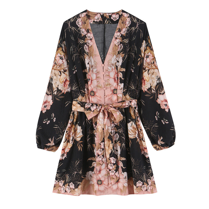 Damen Kurzkleid im Kimono-Stil mit Taillengürtel und V-Ausschnitt Drune