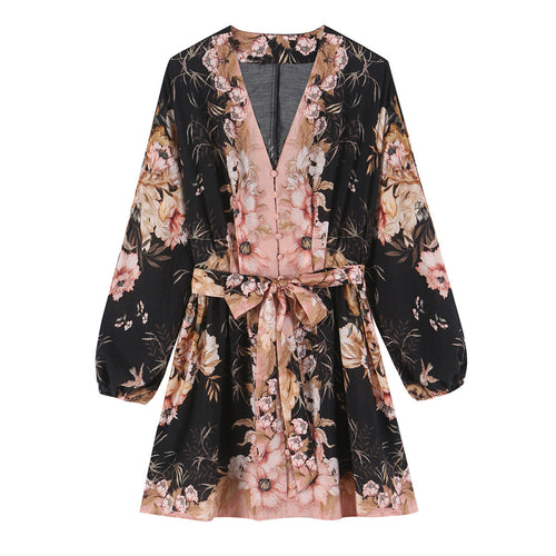 Damen Kurzkleid im Kimono-Stil mit Taillengürtel und V-Ausschnitt Drune